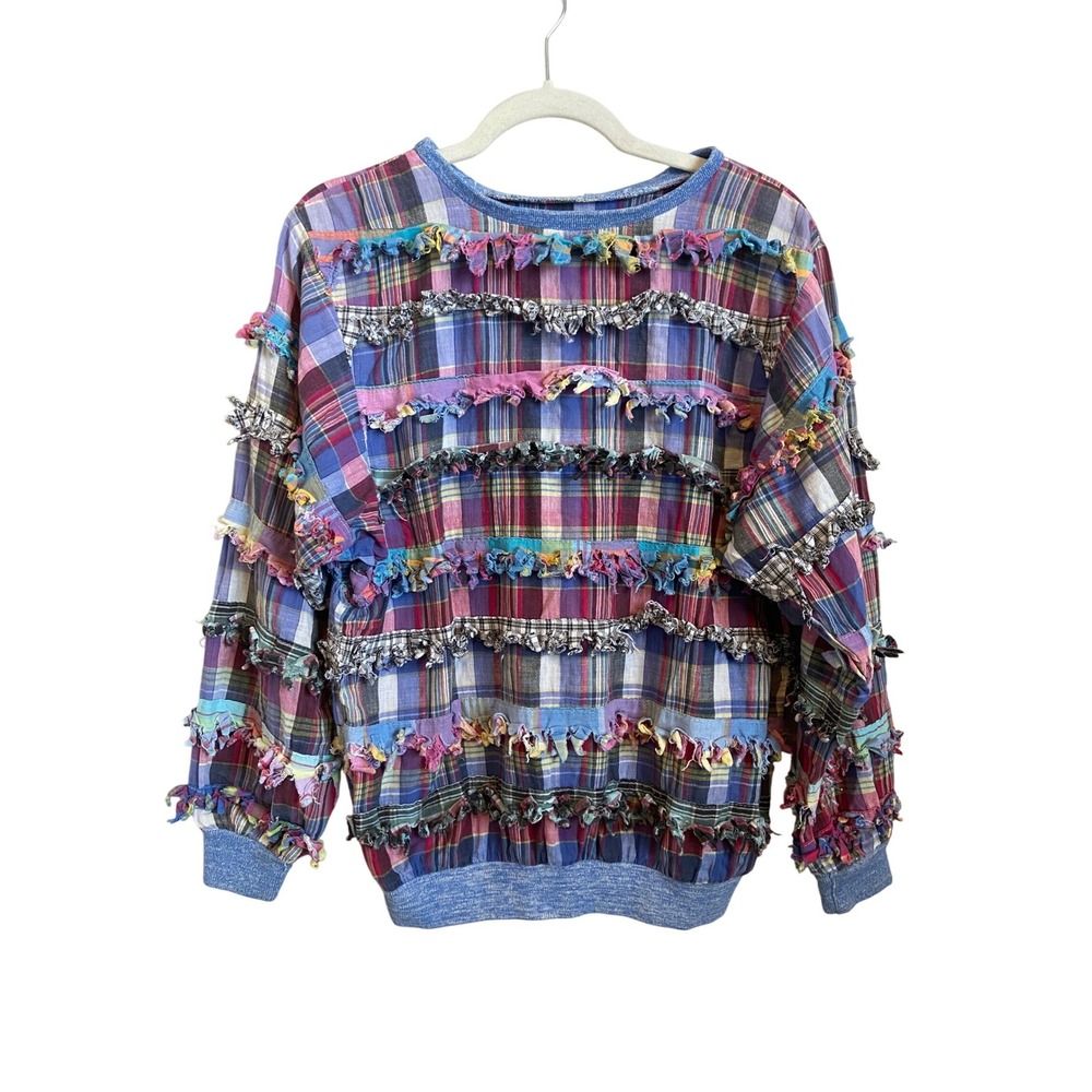 Paula Sweet Muslin Mink Plaid Ruffle Sweatshirt Size Small